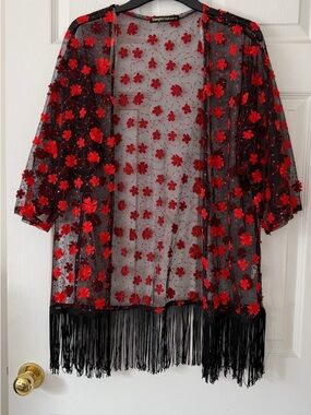Red Floral Embroidered Sheer Kimono with Fringe